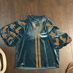 THML Teal Velvet Blouse with Animal Print Details